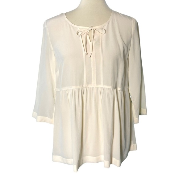 J. Jill Cream/Ivory 100% Silk Tie Neck 3/4 Sleeve Blouse - Size XS - Picture 1 of 9